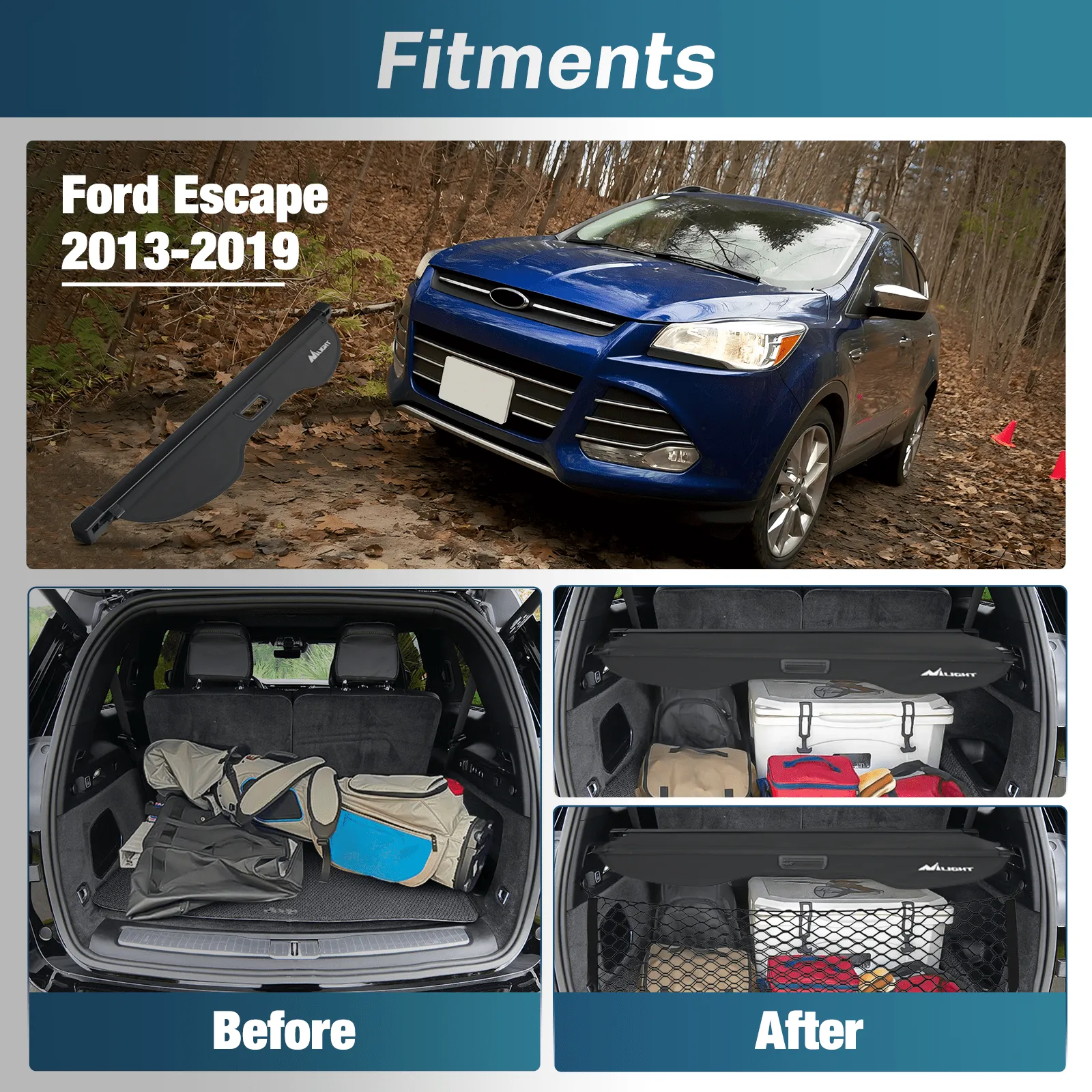 2013-2019 Ford Escape Retractable Trunk Cargo Cover With Trunk Storage Net