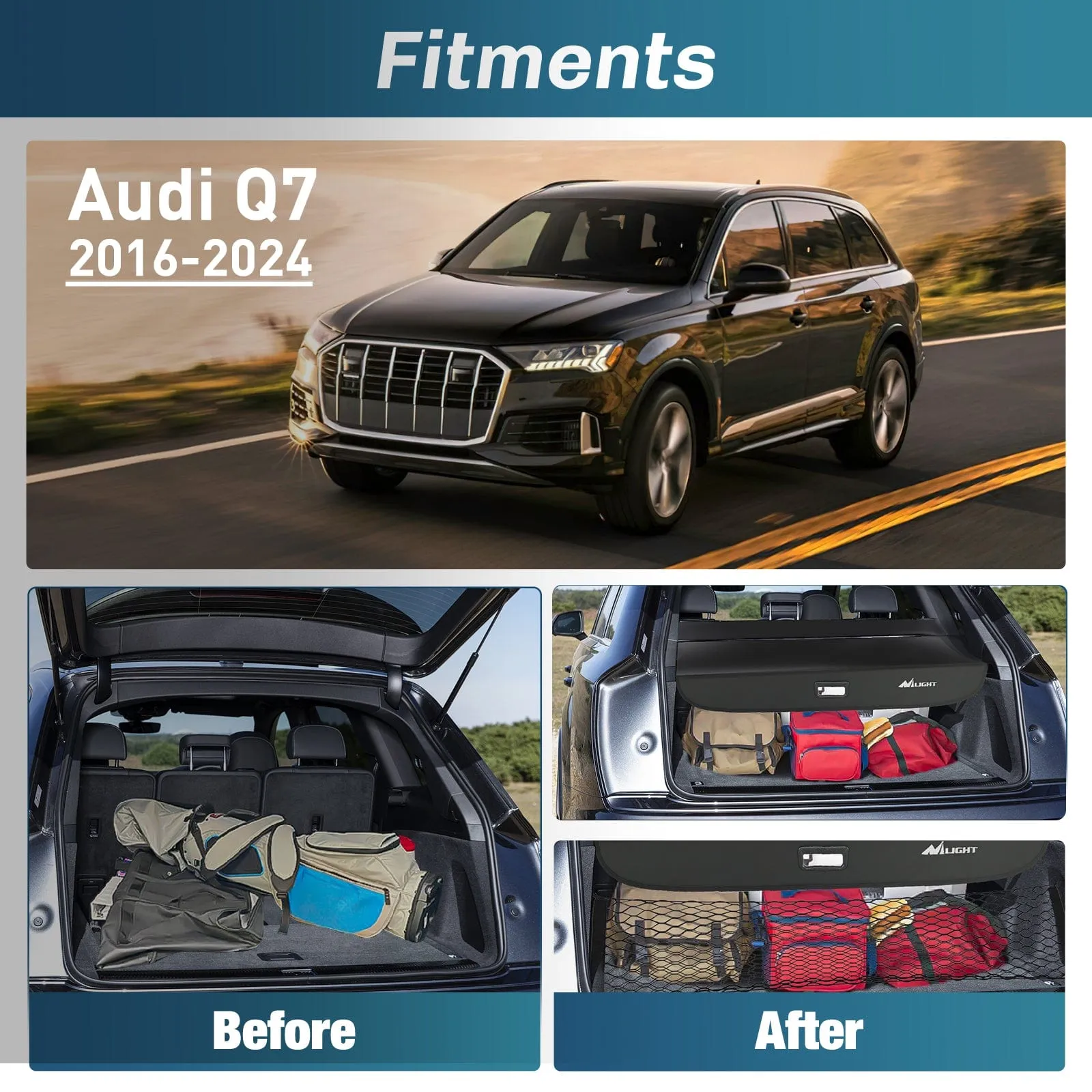 2016-2025 Audi Q7 Retractable Trunk Cargo Cover With Trunk Storage Net