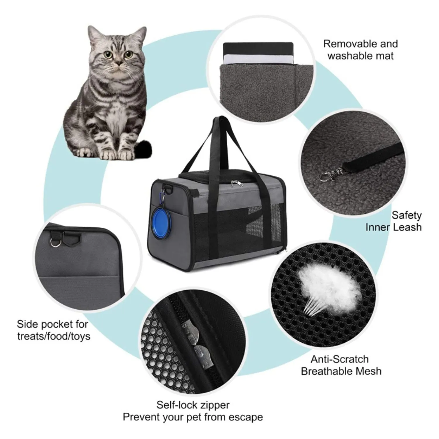 Grey Portable Pet Carrier with Fleece Pad, 2 Entrances - Floofi