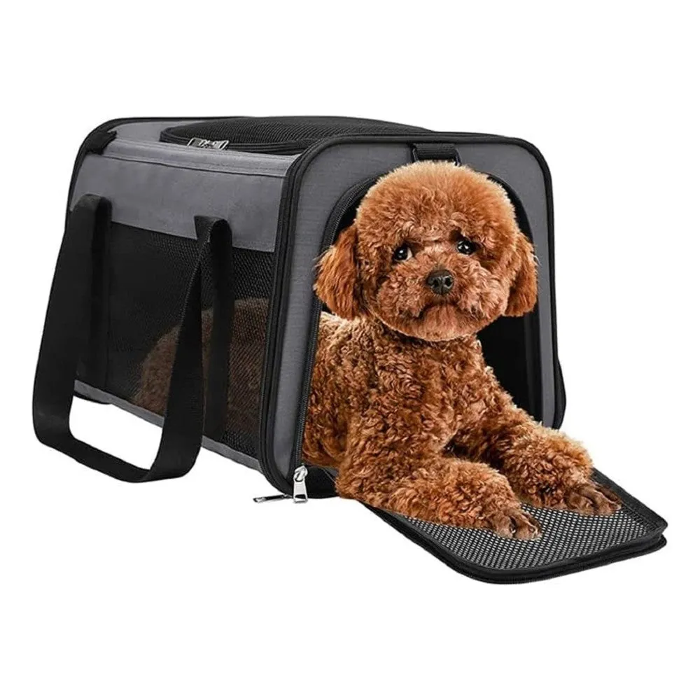 Grey Portable Pet Carrier with Fleece Pad, 2 Entrances - Floofi